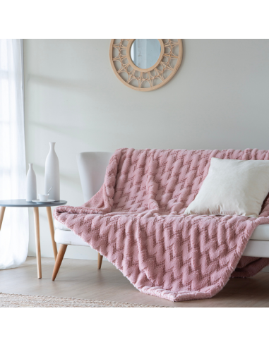 Manta de pelo extra suave . Dibujo en espiga y colores: beige, gris perla y rosa palo.