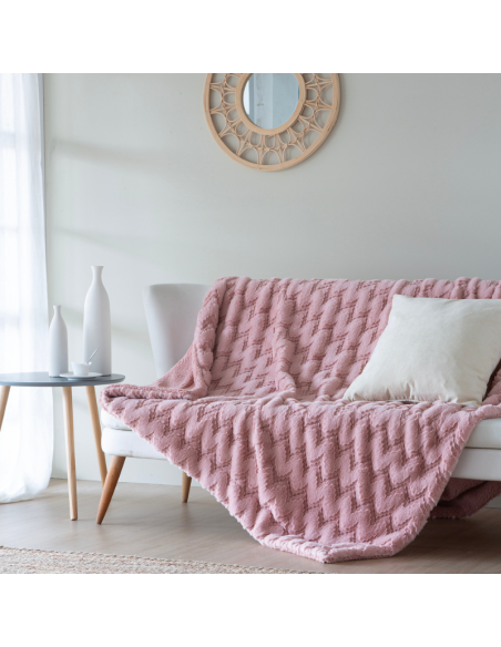 Manta de pelo extra suave . Dibujo en espiga y colores: beige, gris perla y rosa palo.