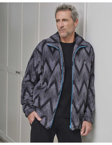 Bata hombre corta con dibujo en zig-zag en tonos grises y cremallera color turquesa.