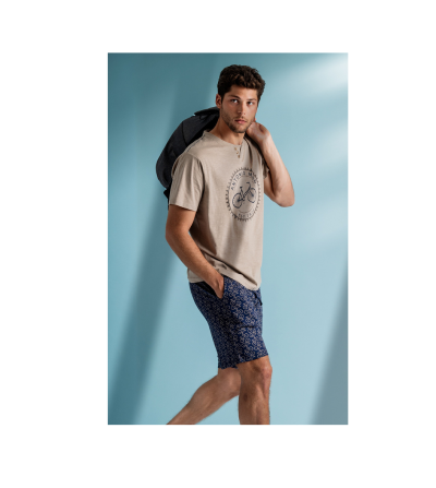 pijama hombre verano camiseta  beige y pantalon  corta azul